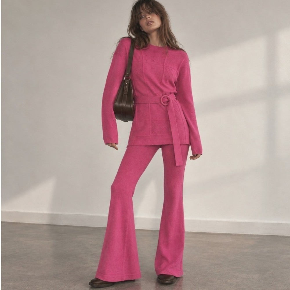 Vintage 100% Wool Pant Set Knit Tunic Wide Leg L Pink Pointelle Barbie Mod 1970s